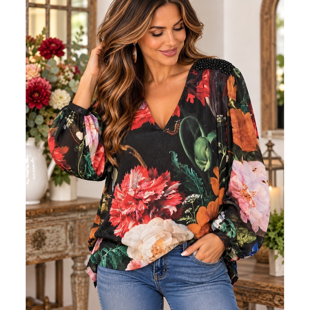 Pankaj & Nidhi Floral Blouse Women's S Black Multicolor Embellished V-Neck